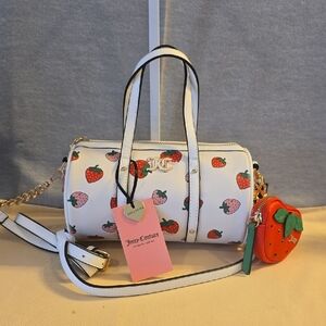 NWT Juicy Couture White Strawberry Print Barrel Crossbody Bag with Orange Charm